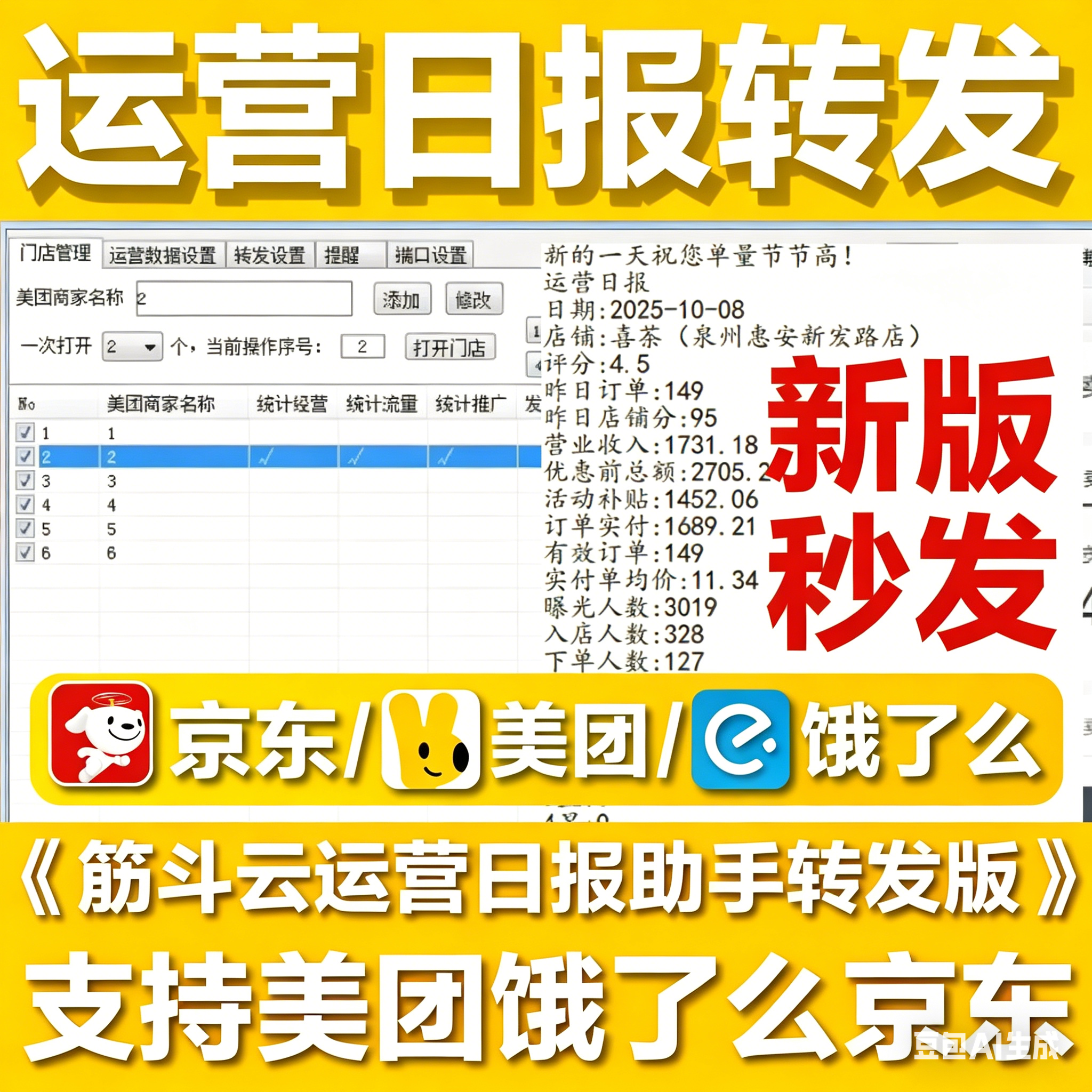 筋斗云美团饿了么京东 运营日报 助手转发版定时运营数据到指定群