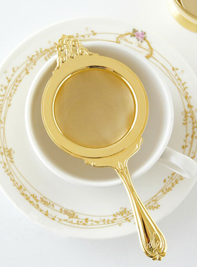 Elfin日本高桑金属茶滤镀金手持滤茶器英式下午茶具茶漏带底托