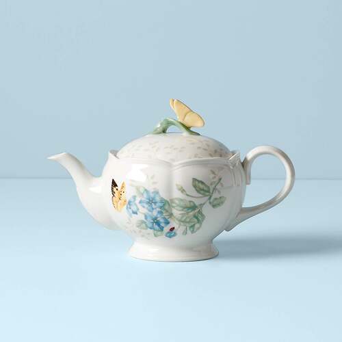 美国Lenox蝴蝶花卉高白瓷茶壶下午茶红茶绿茶用蝴蝶壶盖