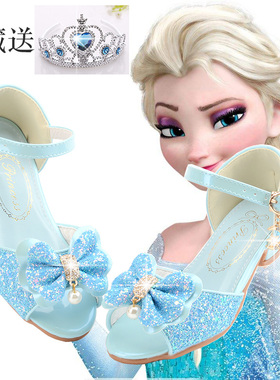 儿童蓝色高跟鞋夏季女童水晶凉鞋中小童细跟粉色女童鞋白色演出鞋