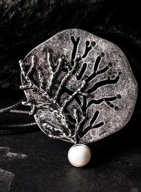 静谧~原创静奢风配饰品树枝与珍珠吊坠国风长款毛衣项链胸针两用