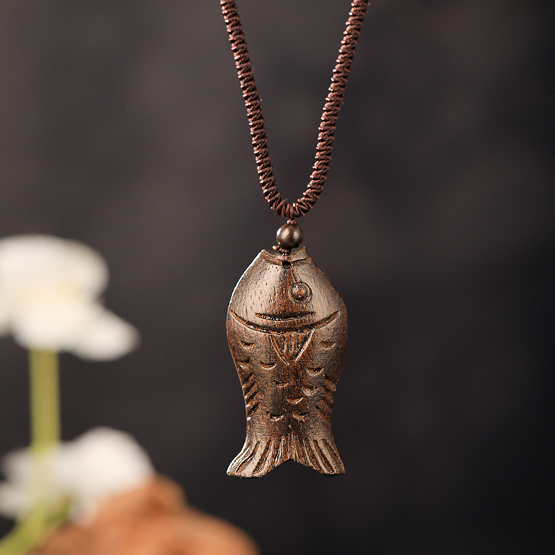 年年有余~复古民族风木鱼项链吊坠女木质文艺毛衣链长款棉麻配饰
