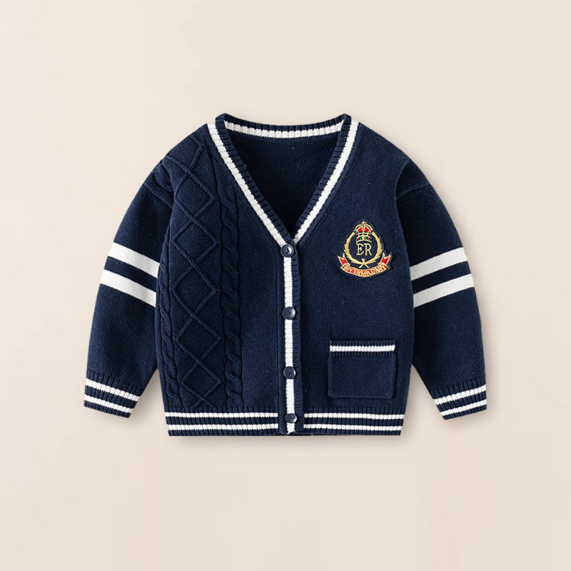 宝宝毛衣开衫春秋款男童中小童单层V领英伦学院风扣子针织衫外套