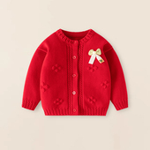 女宝宝毛衣春秋款 外套 婴儿女童圆领单层保暖红色内搭针织扣子开衫