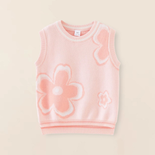 女童毛衣背心马甲秋冬款宝宝婴儿纯棉粉色花朵圆领套头小马夹