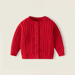 婴儿红色毛衣秋冬新款中小女童宝宝a类纯棉加厚麻花针织扣子开衫