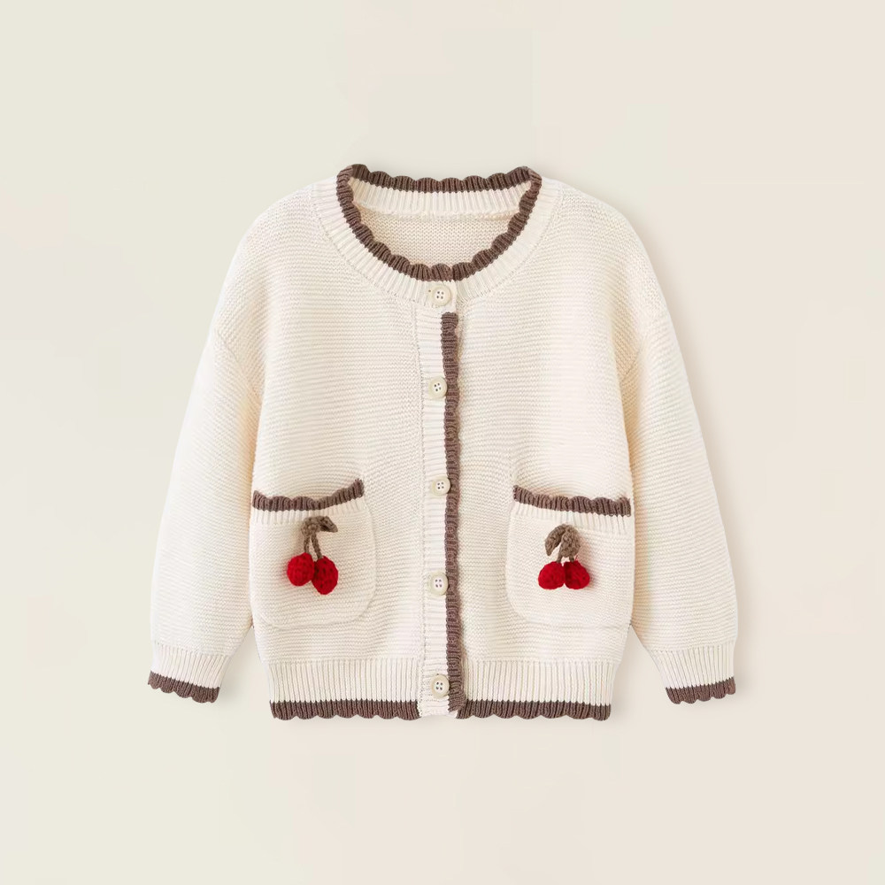 女童针织开衫春秋薄款儿童中小童纯棉圆领单层米色樱桃毛衣外套