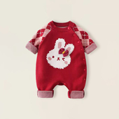 婴儿连体毛衣春秋款 女童宝宝新生儿纯棉a类红色兔子包屁衣爬服