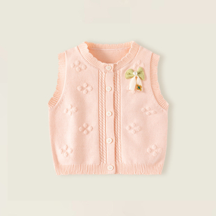 女童毛衣背心春秋款宝宝婴儿粉色a类圆领无袖蝴蝶结单层针织马甲