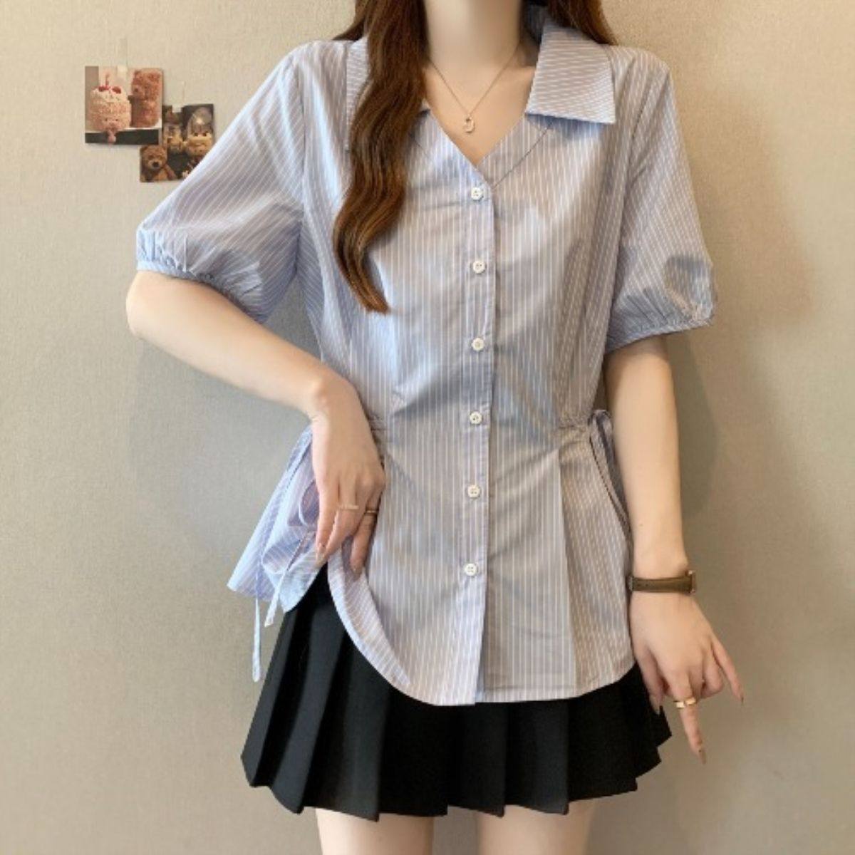 大码女装韩版系带收腰条纹短袖POLO领衬衫女夏季显瘦气质时尚上衣