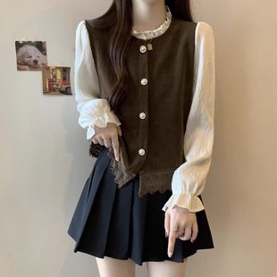 大码 设计感假两件长袖 新款 女2025春季 胖mm遮肉显瘦别致小上衣 衬衫