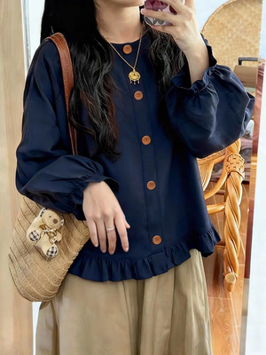 2025秋季新款森系藏蓝色木耳边衬衫女大码设计感显瘦时尚复古上衣