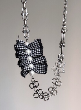 日韩系ins风花朵黑白格纹花边串珠打结拼接项链小众y2k复古甜酷