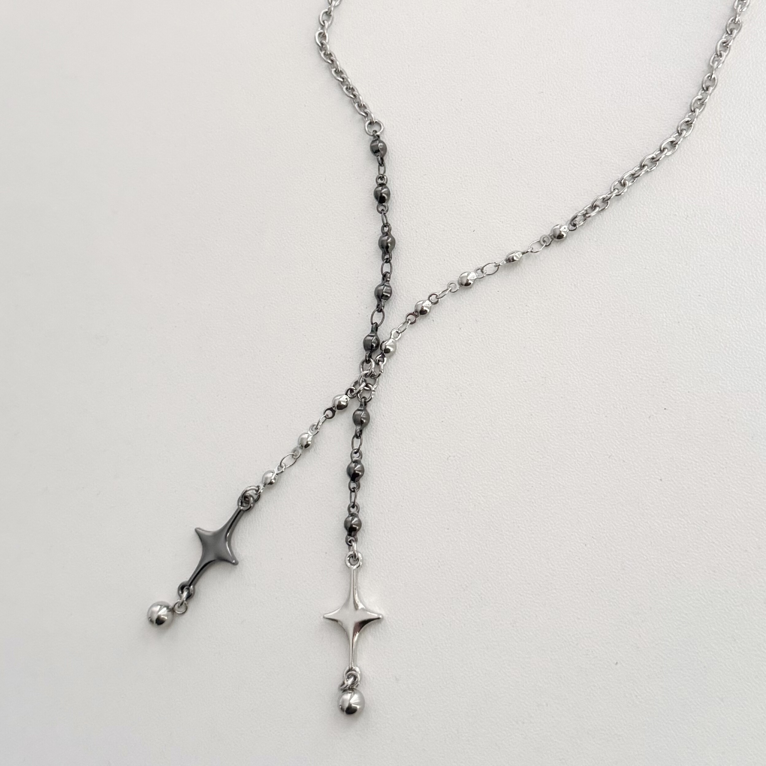 日韩系ins朋克金属银黑色十字星圆珠拼接项链小众y2k辣妹甜酷叠戴