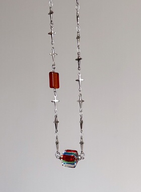 日韩系ins条纹琉璃方块咖色十字星项链小众甜酷复古y2k简约锁骨链