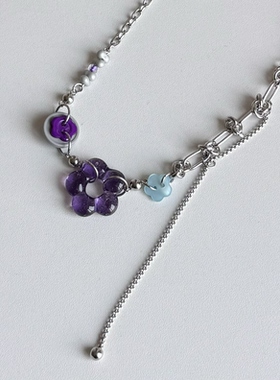 灰紫撞色琉璃花朵纽扣拼接项链日韩系ins风小众设计y2k复古甜酷