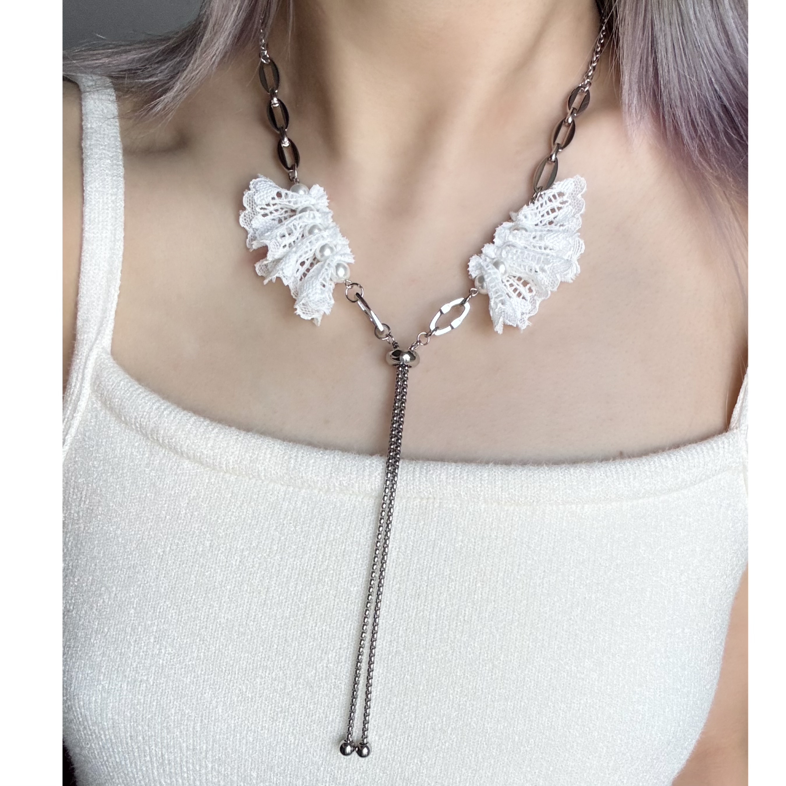 日韩系ins风白色蕾丝花边几何串珠拼接抽拉项链小众甜酷复古y2k