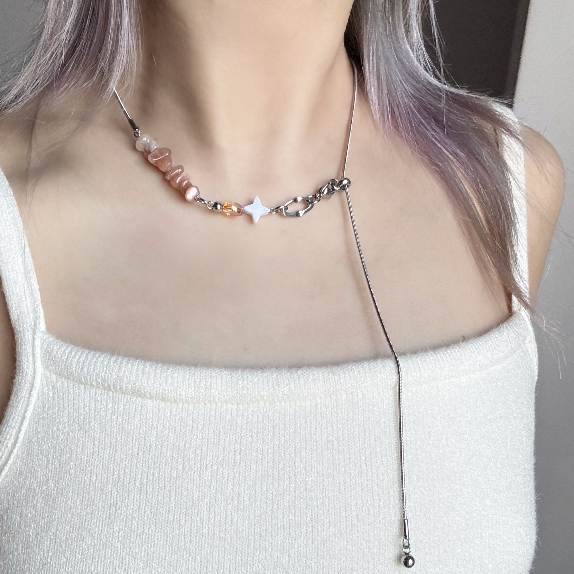 日韩系ins风橘色碎石十字星几何串珠抽拉蛇骨项链小众复古甜酷y2k