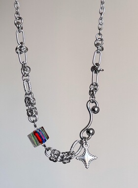 日韩系ins风金属风条纹方块十字星漩涡打结拼接项链小众甜酷y2k