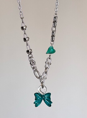 日韩系ins风琉璃蝴蝶结爱心圈圈打结拼接项链小众设计感y2k甜酷