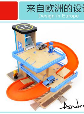 Wooden Parking Garage Station with Race Car Track Play Set