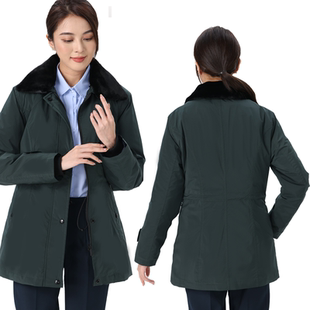 中国邮政储蓄银行工装活里活面内胆可拆卸棉服中长款毛领加厚大衣