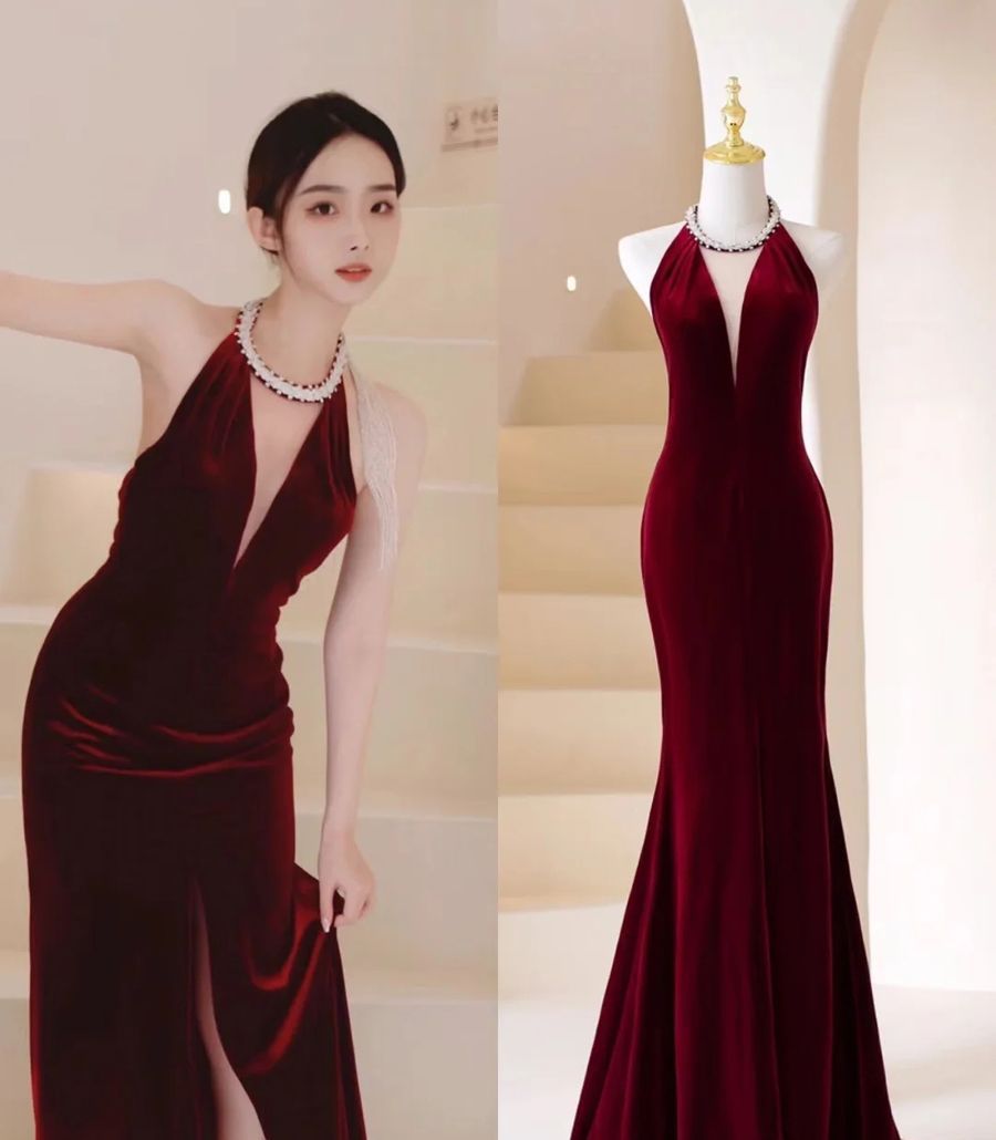 惊艳红色裙子新娘酒敬酒服名媛高级感礼服年会宴会主持人晚礼服女图片
