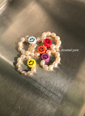 陶瓷笑脸巴洛克珍珠戒指可爱女