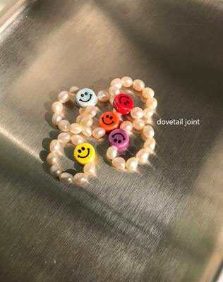 陶瓷笑脸巴洛克珍珠戒指可爱女