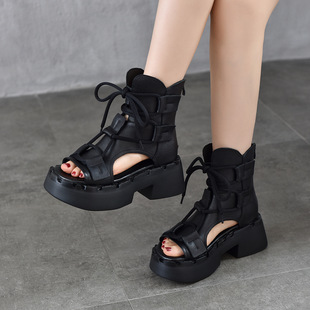 头层牛皮镂空凉靴鱼嘴高帮罗马凉鞋2026春夏新款厚底真皮女式凉鞋