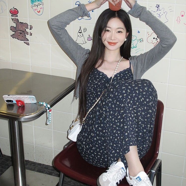 EIA一尧【清潭洞女高】韩系碎花连衣裙女秋吊带针织长裙子两件套
