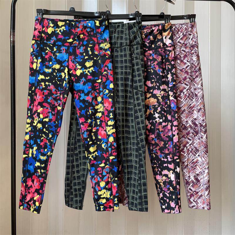 秋季印花瑜伽裤女高腰收腹提臀健身裤运动训练彩色紧身花色九分裤