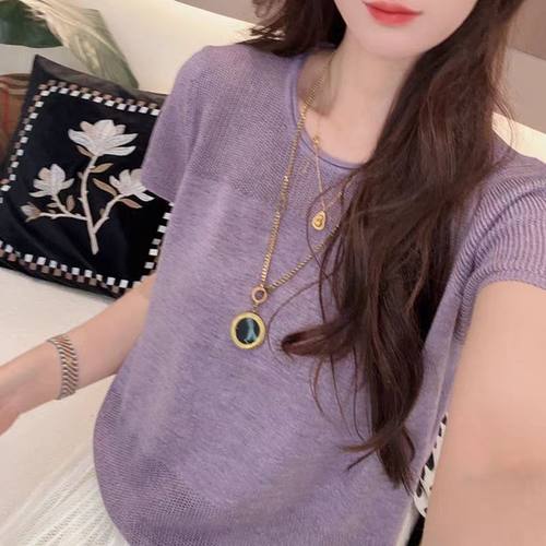 冰丝镂空圆领短袖针织衫女