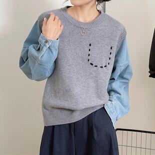 牛仔袖拼接假两件套头毛衣女2024年秋冬新款简约宽松圆领针织上衣