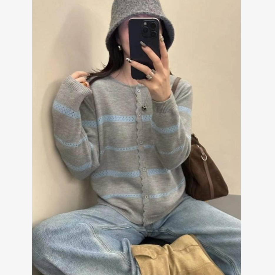 慵懒感小香风毛衣开衫女外套2025早秋新款宽松显瘦条纹针织衫上衣