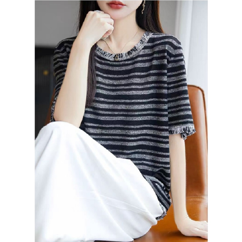 流苏毛边圆领短袖针织衫女