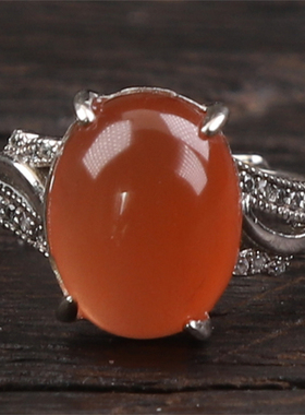 保山南红玛瑙 无裂天然原矿冰红戒面 925银镶嵌女款戒指3.49克