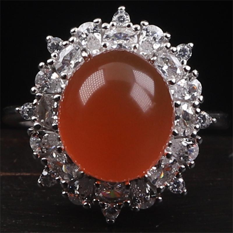 保山南红玛瑙 无裂天然原矿冰红戒面女士戒指 925银镶嵌4.66克