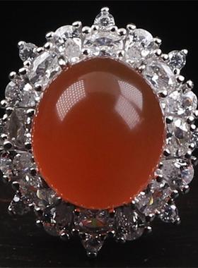 保山南红玛瑙 无裂天然原矿冰红戒面女士戒指 925银镶嵌4.66克