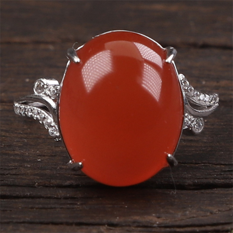 保山南红玛瑙 无裂干净原矿冰红戒面戒指 925银镶嵌 4.6克