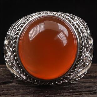 保山南红玛瑙 无裂原矿冰红蛋面 925银镶嵌男款戒指戒面 9.97克