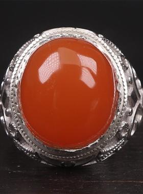 凉山南红 无裂原矿柿子红蛋面 925银镶嵌男款戒指戒面12.98克