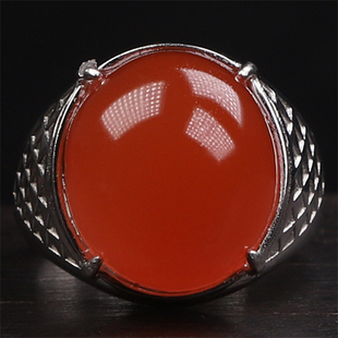 保山南红玛瑙 无裂原矿冰红蛋面 925银镶嵌男款戒指戒面 8.99克