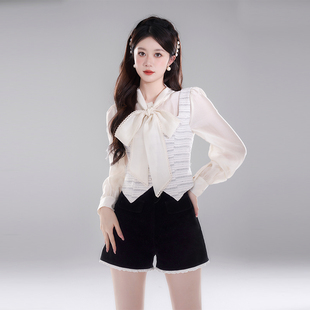 韩系高级感小香风时尚 气质复古衬衫 两件套女秋冬2023新款 套装 短裤