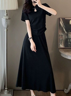 韩系中式圆领时尚夏季显瘦短袖T恤上衣高腰半身裙两件套气质套装