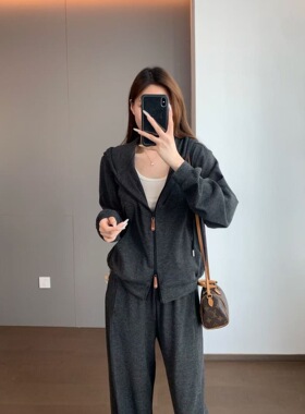 条纹松弛感懒人休闲运动套装韩版宽松连帽开衫卫衣阔腿裤两件套女