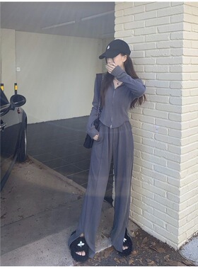 时尚套装女春秋季显瘦收腰修身连帽卫衣休闲阔腿裤灰色运动两件套