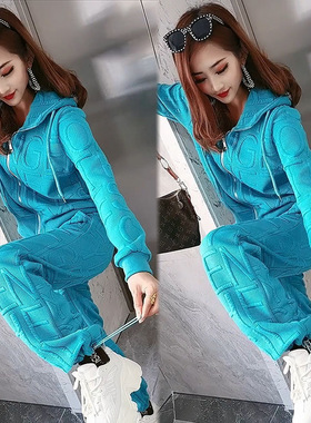 休闲运动套装女春秋新款提花字母宽松潮流百搭卫衣气质两件套2024