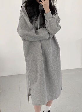 纯色简约风中长款过膝连衣裙春秋新款宽松慵懒风双层连帽卫衣裙女