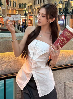 JAC FLEURANT2026夏季新款白色尖尖领长款衬衫抹胸上衣修身显瘦女